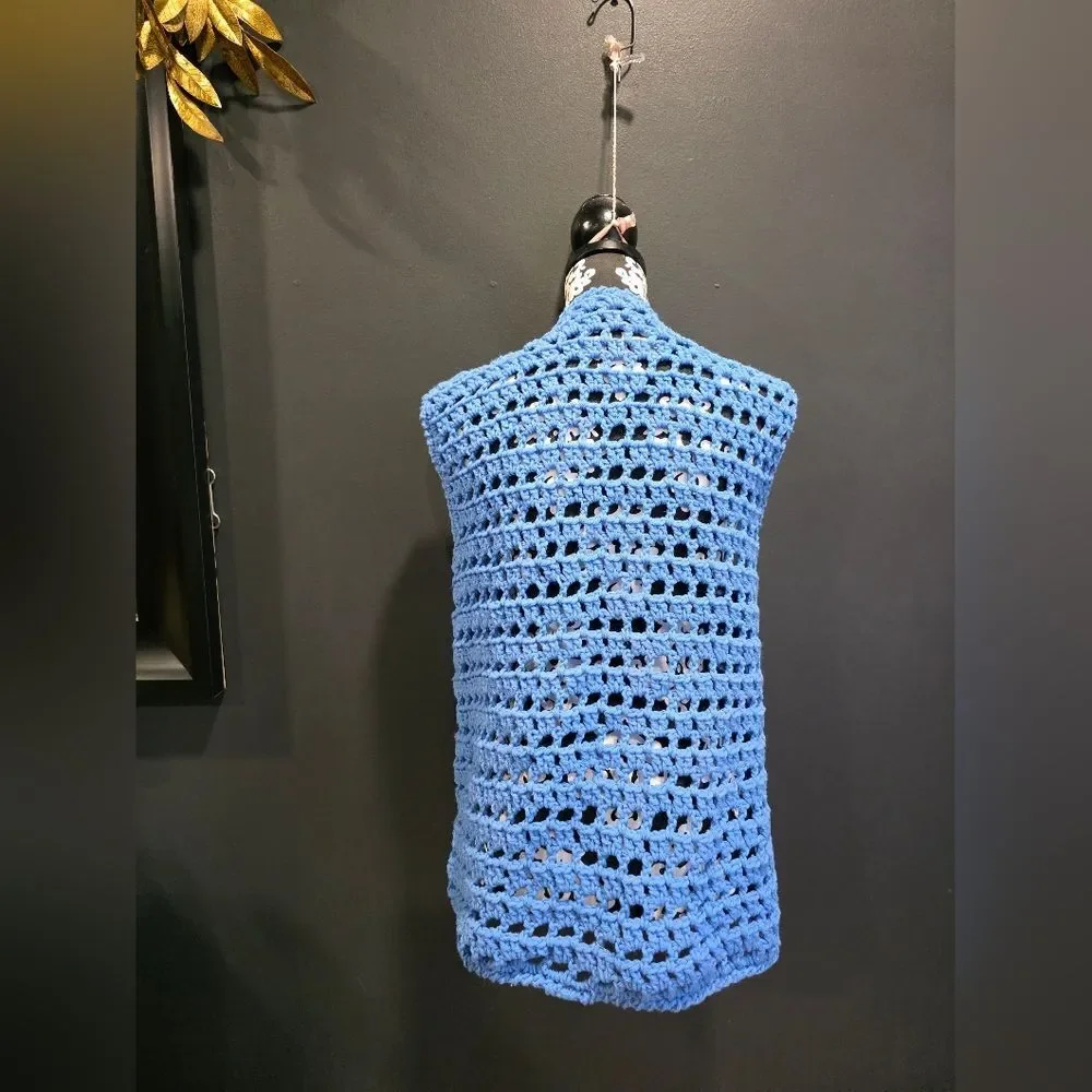 Blue Crochet Open Front Vest Cardigan